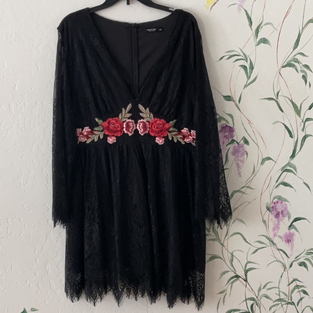 SHEIN Black Lace Long Sleeve Dress with Red Rose Embroidery